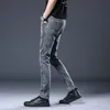 Casual élastique haut de gamme mince pantalon en denim droit gris jeans hommes coréens à la mode q7dg #