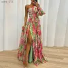 Basic Casual Dresses Off-shoulder Evening Gown Elegant One Shoulder Floral Print Maxi Dress with Side Split Hem Pleated Detail for Parties Banquets yq240328