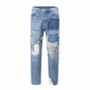 High Street Floral broderi lapptäcke rippade blå jeans byxor för manlig retro rak casual denim byxor överdimensionerade jean o24m#