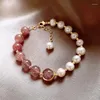 Bangle Bruids Set Sieraden Voor Bruiloft Zoetwaterparel Met Roze Aardbei Kristal Armband Modetrend Dames Valentijnsdag