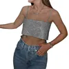 Frauen Tanks 2024 Sommer Spaghetti Strap Pailletten Leibchen Mode Shiny Silber Gestellte Ärmellose Weste Sexy Schlitz Casual Tops