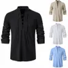 Printemps été hommes chemises Cott lin manches Lg Henley chemise col en V décontracté à lacets hauts mâle respirant mince Bloluses A2Fv #