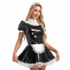 Mulheres Francês Apr Maid Cosplay Dr com Lace Headband Ruffles Lace Apr Puff Sleeve GlossyPatent Couro Maid Servant Outfit l13a #