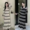 Robes décontractées Automne Hiver Femme Robe de loisirs Stripes Lâche Longue Section Le pull au genou Femmes Style occidental Tricoté Bottoming