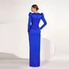 Party Dresses Royal Blue Satin Long Sleeve Evening Dress Feather Bra Shape Ball Fluffy Asymmetric Pleated Formal Banquet