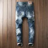Mäns jeans broderi patch designer rippade jeans stretch blyerts byxor streetwear elastiska hiphop jeans fiende män o2fq#