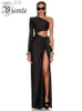 Basic Casual Dresses VC Black Long Dress Women Diagonal Collar One-Shoulder High Slit Ruched Design Evening Party 2022 Autumn Winter New yq240328