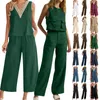 Vrouwen 2-delige effen kleur losse pasvorm jumpsuits outfits Sleevel linnen Butt Back crop top en wijde pijpen broek set met zakken F9bR #