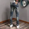 Herbst Vintage Zerrissene Jeans Männer Streetwear Casual Retro Blau Cott Slim Fit Denim Hosen l06D #