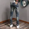 autunno vintage jeans strappati uomo streetwear casual retrò blu cott slim fit pantaloni in denim l06D #