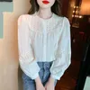 Kvinnors blusar 2024 Långärmad elegant spetsblus Autumn Korean Fashion Hollow Out Wrochet Shirt Damer O Neck Loose Panel Women Top