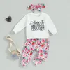 Set di abbigliamento Bambina bambino Pantaloni autunnali Manica lunga Stampa lettera Top Fascia floreale