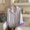 Accueil Vêtements 2024 Vêtements de nuit à manches longues Pyjamas en plumes d'autruche pour femmes Vêtements de luxe Deux pièces Pyjama violet Ensemble de fête