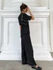 Dwuczęściowe spodnie damskie Jyate 2024 Summer V-deck z krótkim rękawem czarny garnitur wysoki talia szerokie nogi