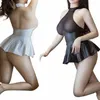 Sexy Lingerie Mulheres Cosplay Uniforme de Escritório Sexy Bodysuit Mulheres Roupa Interior Saia de Látex Set Porn Ultra-fino Perspectiva Curto Dr x7Kc #