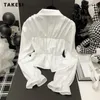 Blouses pour femmes Style décontracté coréen Col rabattu Manches bouffantes Couleur unie 2024 Automne Femmes Noir Bow Chemises blanches à simple boutonnage