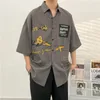 春の夏のメンズシャツハーフスリーブシングル胸のグラフィティ特大シャツ男性韓国スタイルfi harajukuメンズ服04mo＃