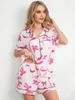 Home Clothing 2024 Women'S Two Piece Casual Set Pink Short Sleeved Flip Collar Shirt Top Bow Print Shorts Pajama