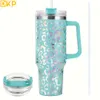 40oz Laser Ice Water Bottle Stainless Steel Tumbler with Handle, Straw, Vacuum Insulation for Outdoor Sports and Travel - Lake Green Series