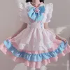 Plus Size 5xl Women Kobiet Maid Cosplay Anime Lolita Costume Śliczny kot różowy niebieski koronkowy trym