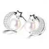 Boucles d'oreilles à clous pour femmes, 1 paire, couleur argent, lune et étoile, Imitation perle, Simple, usage quotidien, petits bijoux, cadeaux, 2024