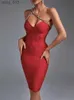 Podstawowe sukienki swobodne krystalicznie bandaż sukienki Kobiety czerwony bodycon wieczorna impreza elegancka seksowna szyja kantarka midi urodzinowe stroje 2022 Summer New YQ240328