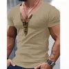 Klassische Top Herren Vintage V-Ausschnitt Kordelzug Patchwork T-shirt Casual Kurzarm Slim Fit Männer T-Shirts Sommer Freizeit Pullover U7rC #