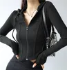 Outono moda cortada hoodies mulheres zip up hoodie coreano moda camisolas com capuz bonito manga longa colheita top sexy curva hem 240328