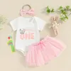 Kläduppsättningar tjej baby sommar kortärmad brev tryckt jumpsuit kjol pannband set född rosa tre stycke