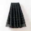 Tutu Cake Skirts 여성 우아한 계단식 주름 장식 라인 LG 스커트 여성 캐주얼 탄성 허리 파티 치마 검은 치마 S3N6#