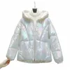 Glossy W-Free Down Cott Jacket 2022 Winter New All-Match Fi Casual vadderad kappa Kvinnlig huva Löst tjocka korta parkor 8771#