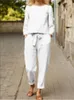 Casual elegante senhoras 2 peça define fi primavera outono linho feminino agasalho terno lg manga superior calças soltas conjunto feminino l90j #