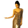 Runway Dresses Gold Mermaid Celebrity Shiny Spaghetti Strap Sleeveless Backless Senior Temperament Formal Party Prom Evening Gown