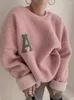 Hoodies للسيدات رسالة أنيقة زخرفة الحمل Swool Swool Switshirts النساء منذ فترة طويلة شتاء الدفء السميك pullovers 2024 ملابس الخريف x652