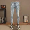 mäns rippade ljusblå jeans sommar fi målning tryckt smala passform byxor streetwear casual lappar denim byxor t6tu#