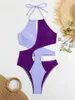 Women's Swimwear Purple Halter Bikini Cross Patchwork Swimsuit Irregular Hollow Out Women Beach Outfit Bathing Suit Bikinis Set Biquinis