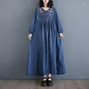 Casual Dresses Denim Oversized Spring Long Dress Women Flower Embroidery Fashion Ethnic Style Ladies Loose Ruffle Pleated Woman