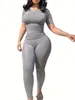 casual Workout Two Piece Outfits for Women Fitted Crew Neck T-shirt High Waist pants Matching Sets Streetwear u1ea#