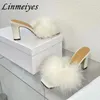 Slippers High Heels Women Square Peep Toe Feather Runway Shoes Female Black White Chunky Gladiator Sandals Woman