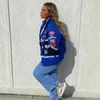 Dames motorjas blauw grafische print blok met ritssluiting oversized honkbal varsity jassen racerjack hiphop streetwear jassen 240308