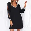 Casual Dresses Women Shiny Mesh Stitching Nightclub Party Dress Spring V Neck Split Long Sleeve Slim Elegant Robe Femme Plus Size S-5XL