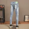 Street Fi Men Jeans Retro jasnoniebieski Slim Fit Stretch Ripped Dżinsy Mężczyzny Patches Designer Hip Hop Denim Pencil Pants Hombre U1YB#