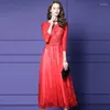 Casual Dresses Solid Embroidery Mesh Design For Women Round Neck High midja långärmad elegant klänning Kvinnlig vår 2024 3WM537