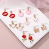 Stud Oorbellen Mode Vergulde Roos Hart Liefde Vlinder Lip Charm Emaille Oorbel Set Sieraden Voor Vrouwen Meisjes Gift