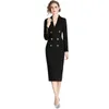 Casual Dresses Vintage Runway Women's Black Bodycon Dress Autumn Suit Collar Long Sleeve Lady Double Breasted Office Midi Party Vestidos