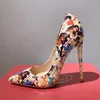 Dress Shoes Graffiti Print Leather Women Pumps Colorful Super High Heels Slip Women'S Party Narrow Pointy Toe 44 45