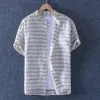 schinte 100% Pure Linen Striped Summer Shirt Men Breathable Stand Collar Short Sleeved Casual Comfortable Shirt New D7Vg#