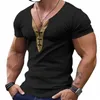 Klassische Top Herren Vintage V-Ausschnitt Kordelzug Patchwork T-shirt Casual Kurzarm Slim Fit Männer T-Shirts Sommer Freizeit Pullover U7rC #