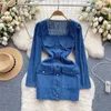 Casual Dresses Women Designer Denim Vestidos Big Pocket Single Breasted Square Collar Belt Slim Short Temperament Pack Hip Mini Dress