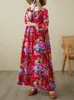 Casual Dresses Spring Autumn Red Flower Print Long Dress Women Modis Pleated Ladies Overdimase Loose Sleeve Woman